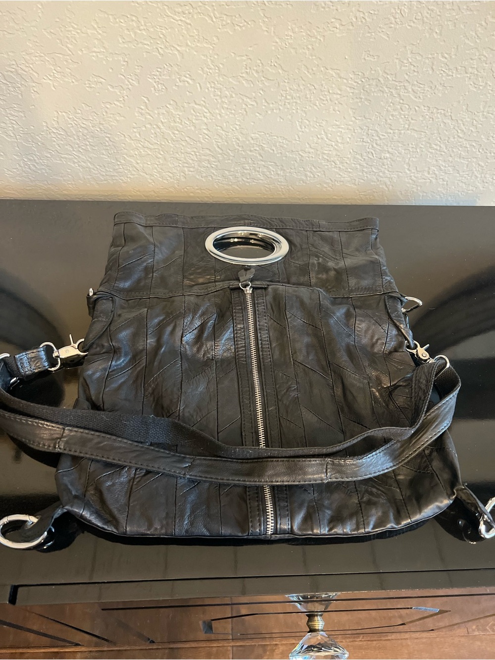 AKIRA Black Leather Convertible Shoulder Bag with Silver Hardware